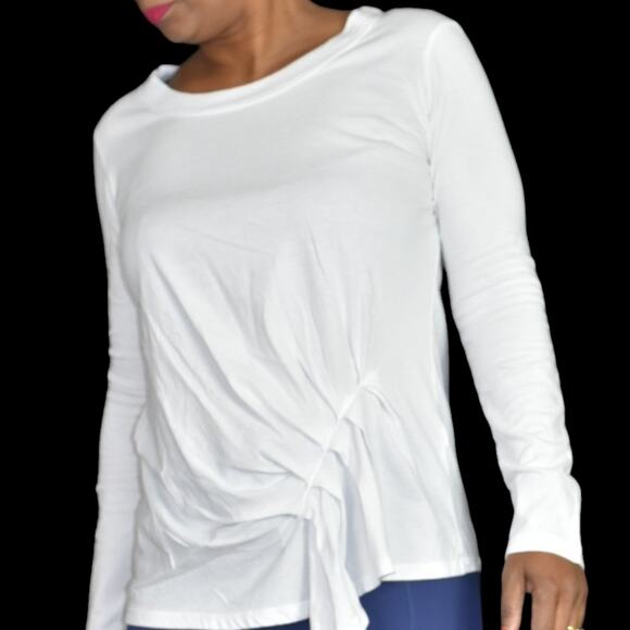 Stateside White Shirt Long Sleeve Tee Angled Pleated Drape CrewNeck Cotton Small - Picture 12 of 15